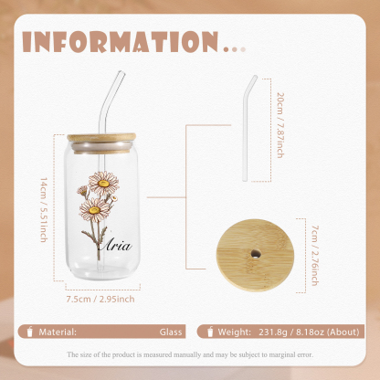 2024 Graduation Gift - Personalised Name and Birth Flower Glass with Glass Straw