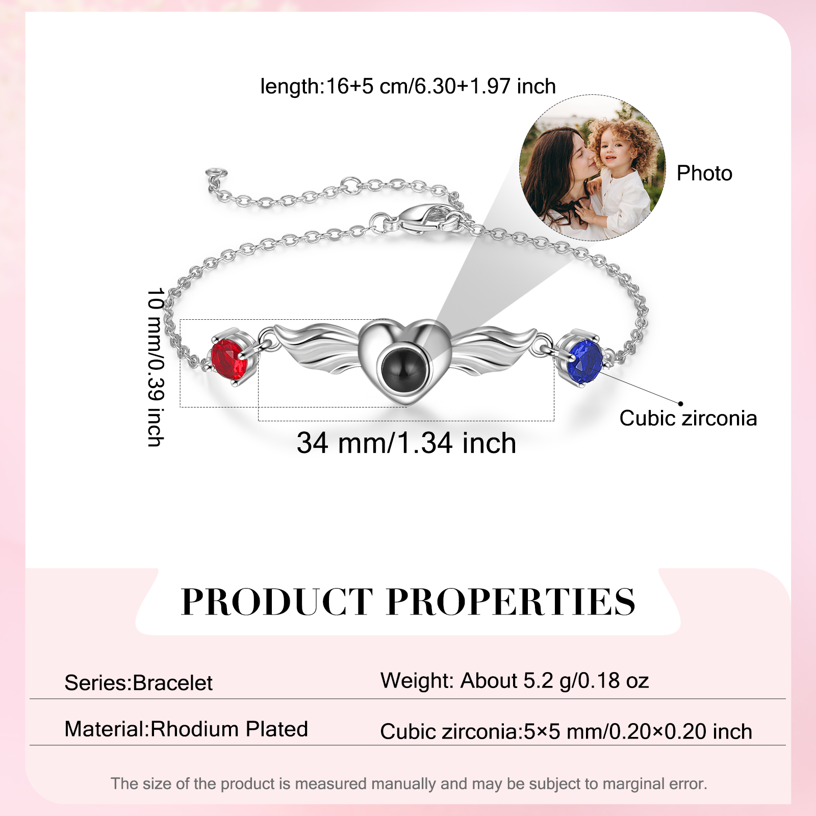 Personalised Photo Stone Projection Heart Bracelet with 2 Birthstones