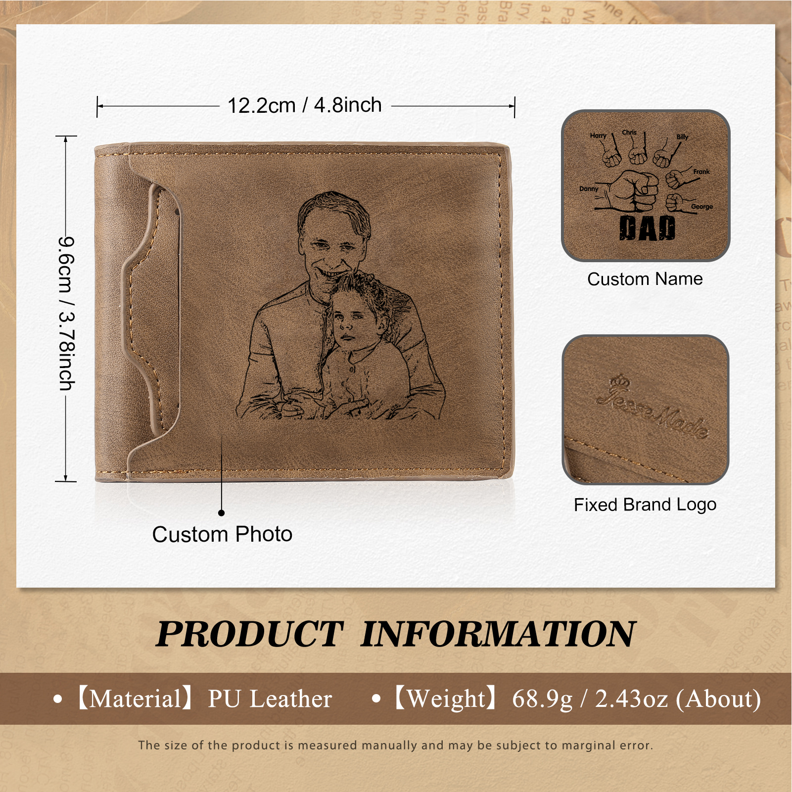 6 Names - Personalised Photo Custom Leather Men's Folding Wallet as a Father's Day Gift for Dad