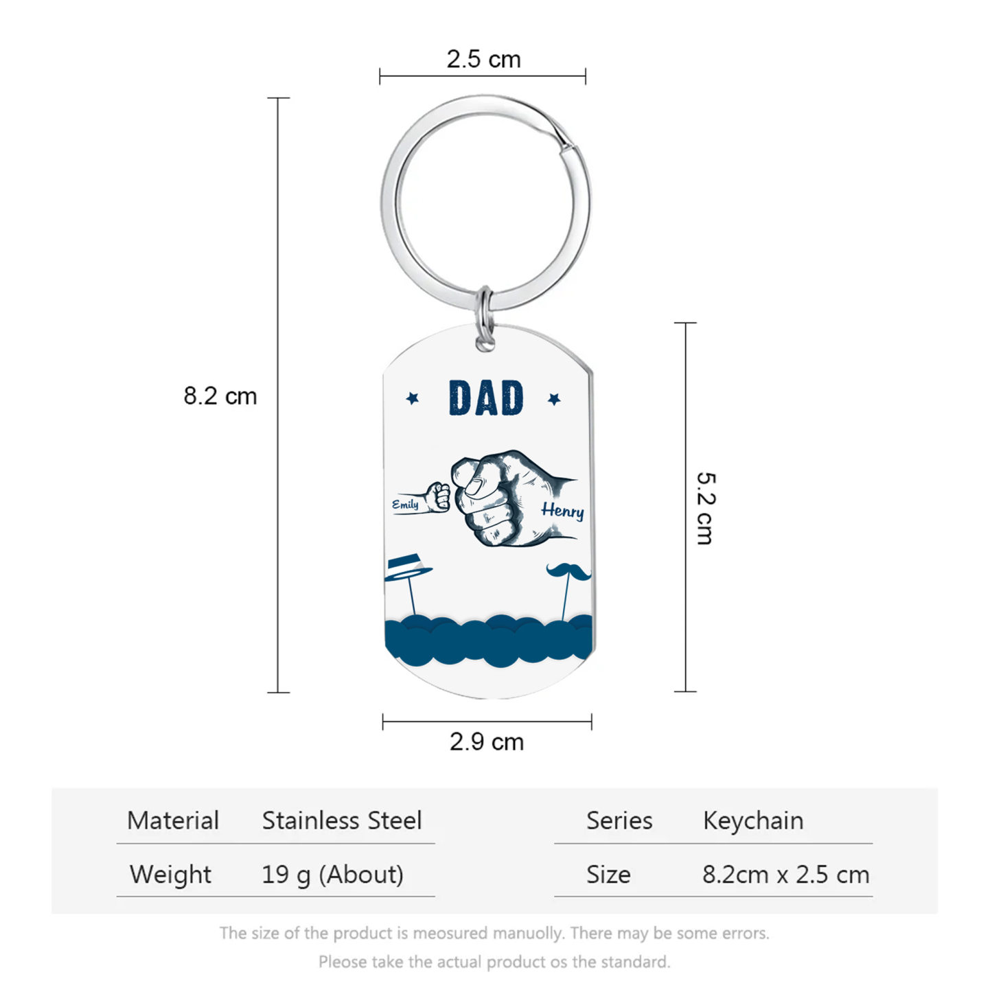 2 Names - Personalised Custom Fist Bump Keyring Hat and Beard Style Keyring Gift for Dad