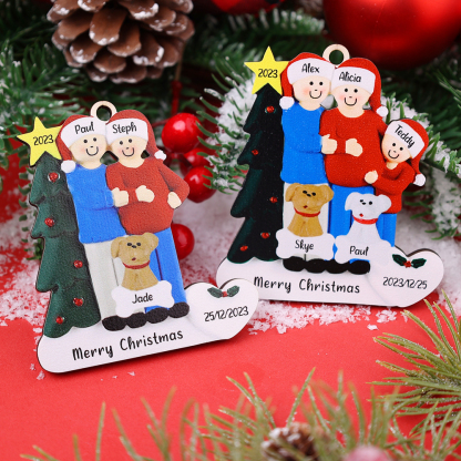 4 Names-Personalised Family Wooden Christmas Xmas Tree Decoration Ornament-Custom 4 Names And Dates Hanging Ornament Gifts For Family
