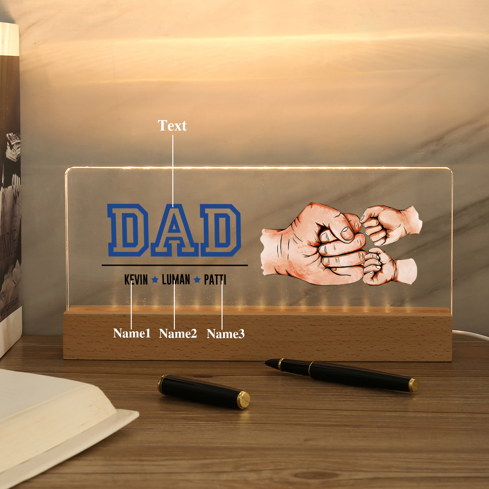 3 Names - Personalised Fist Bump Table Lamp - Dad's Dream Team - Father's Day Gift for Dad