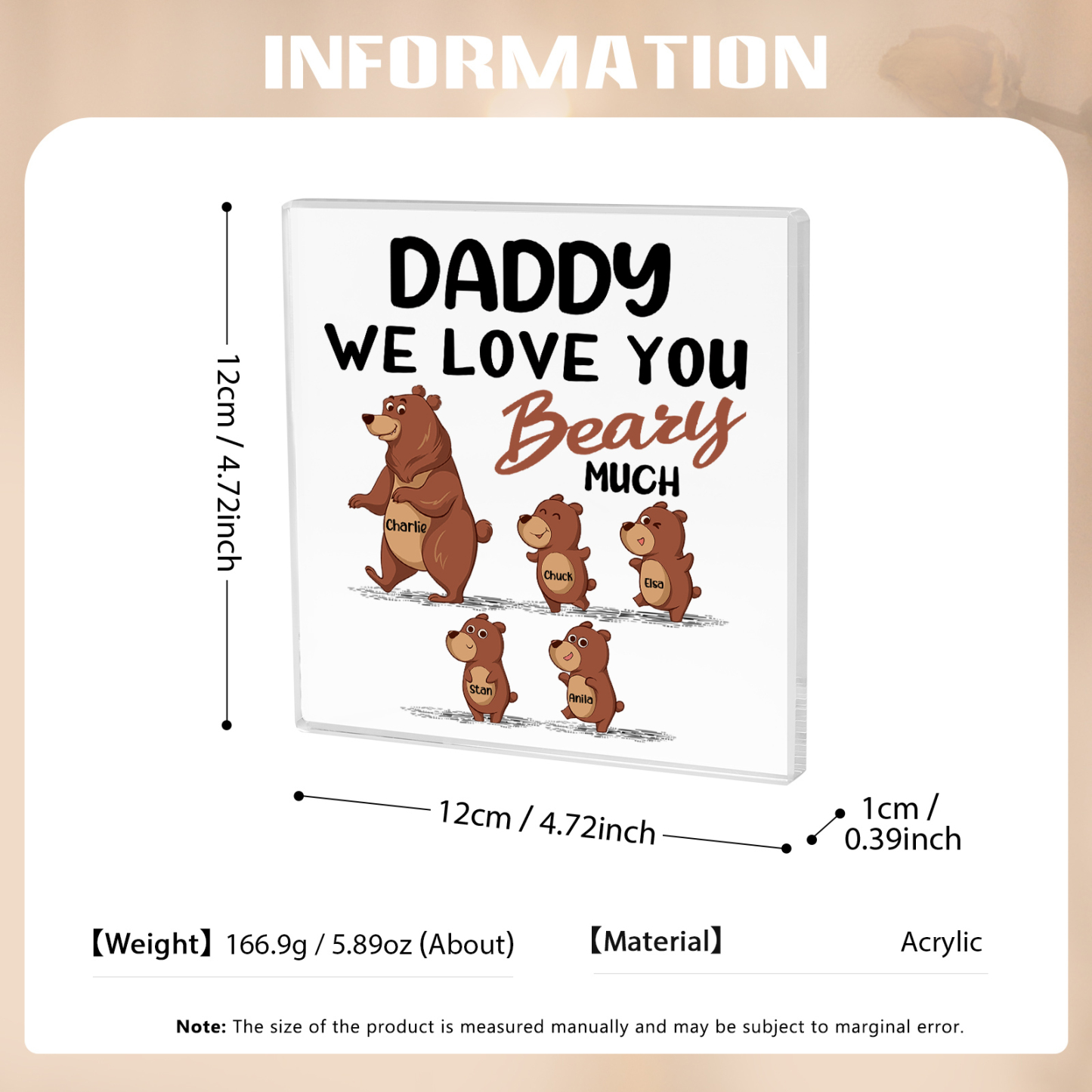 5 Names-Personalised Bear Family Acrylic Keepsake-Custom Text and Names-Acrylic Plaque Home Decoration Gift for Daddy/Grandad