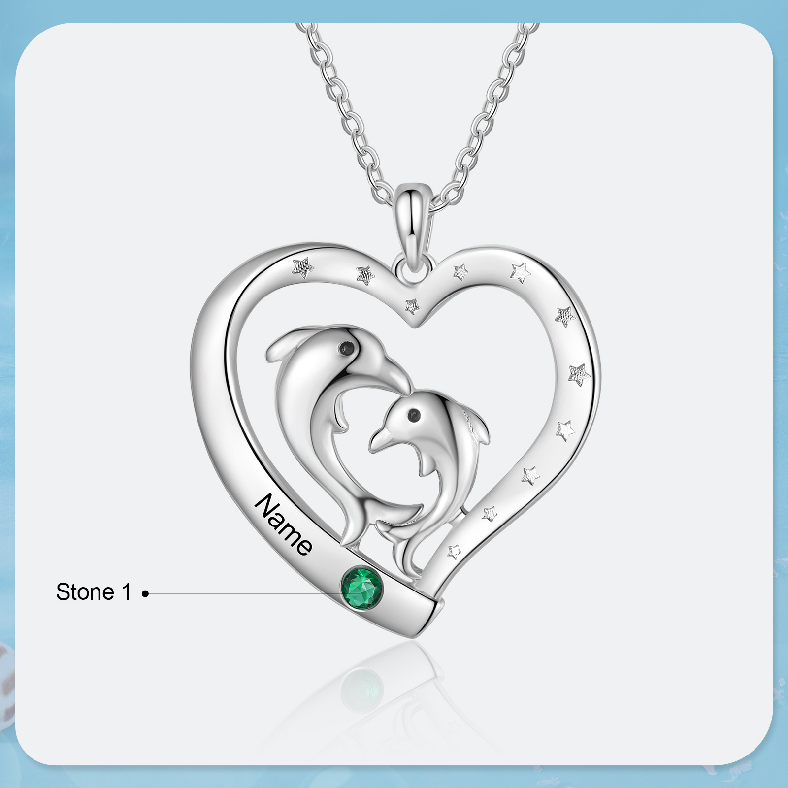 1 Name - Personalised Beautiful Dolphin Heart Necklace with Customized Name and Birthstone Gift for Her