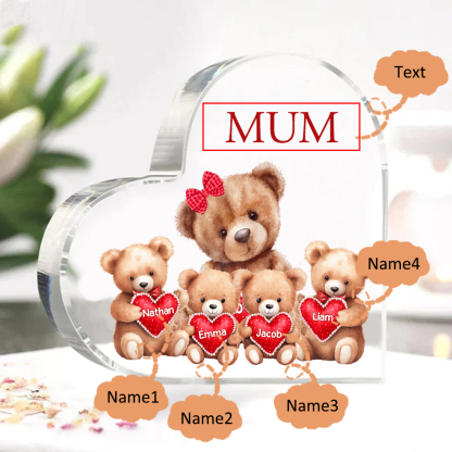 4 Names-Personalised Mum Acrylic Heart Keepsake Custom Text Love Teddy Bear Ornaments Gifts Set With Gift Box for Grandma/Mother