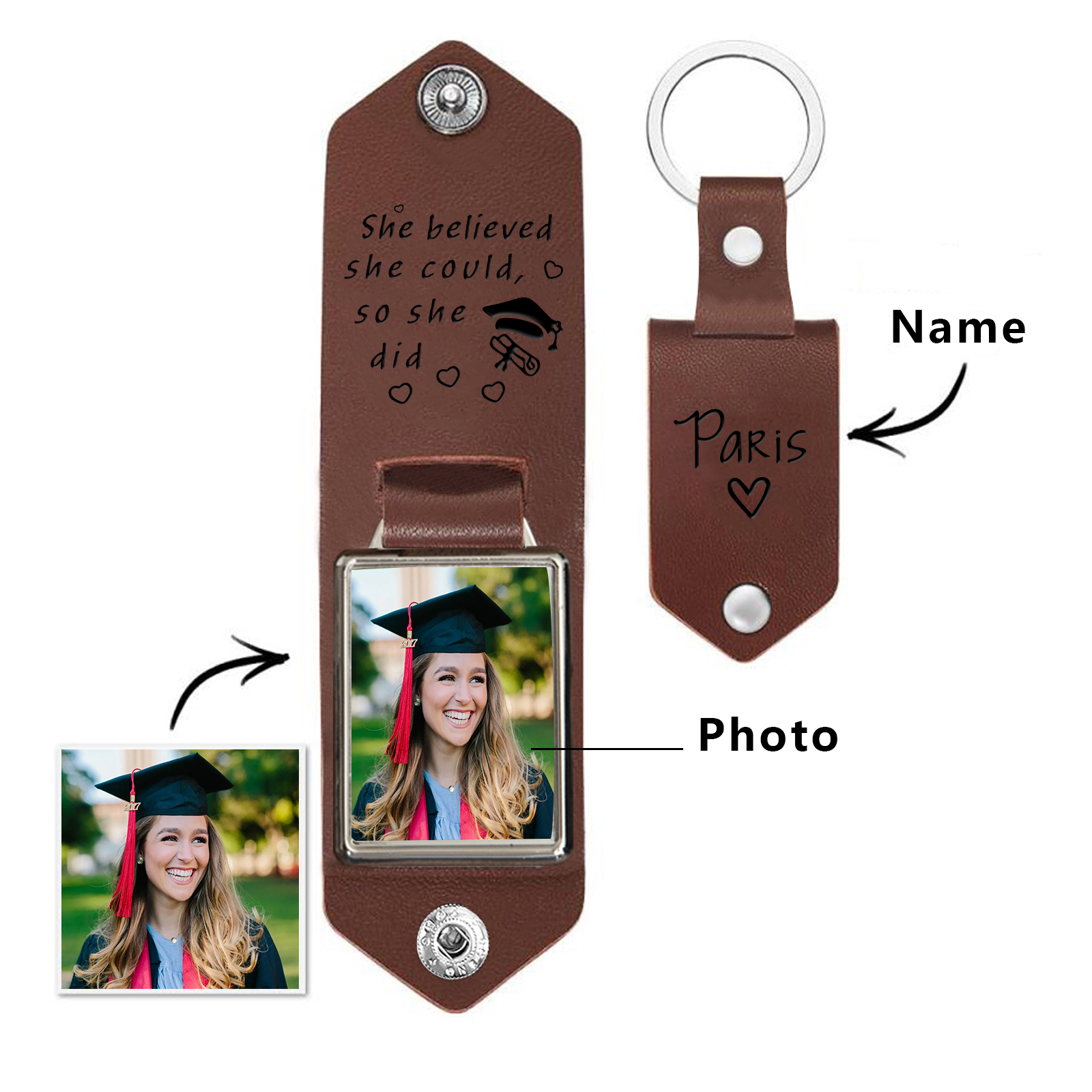 2024 Graduation Gifts - Personalised Name Flip Leather Keyring Customized Photo Keyring Gift for Her/Him