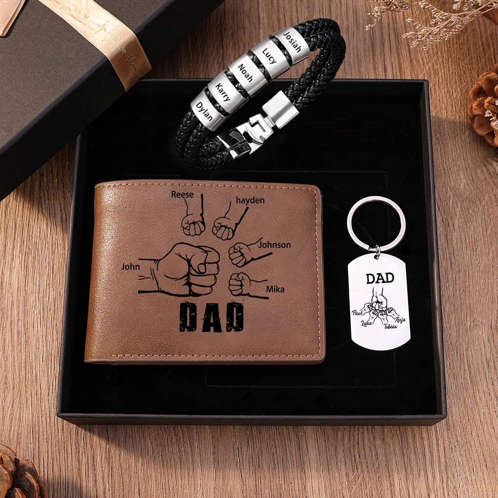 Personalised 5 Names Gift Set Custom Wallet & Bracelet & Keychain Gift Box Set Father’s Day Gifts
