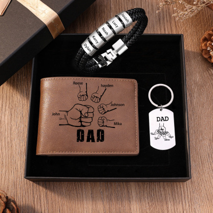 Personalised 5 Names Gift Set Custom Wallet & Bracelet & Keychain Gift Box Set Father’s Day Gifts
