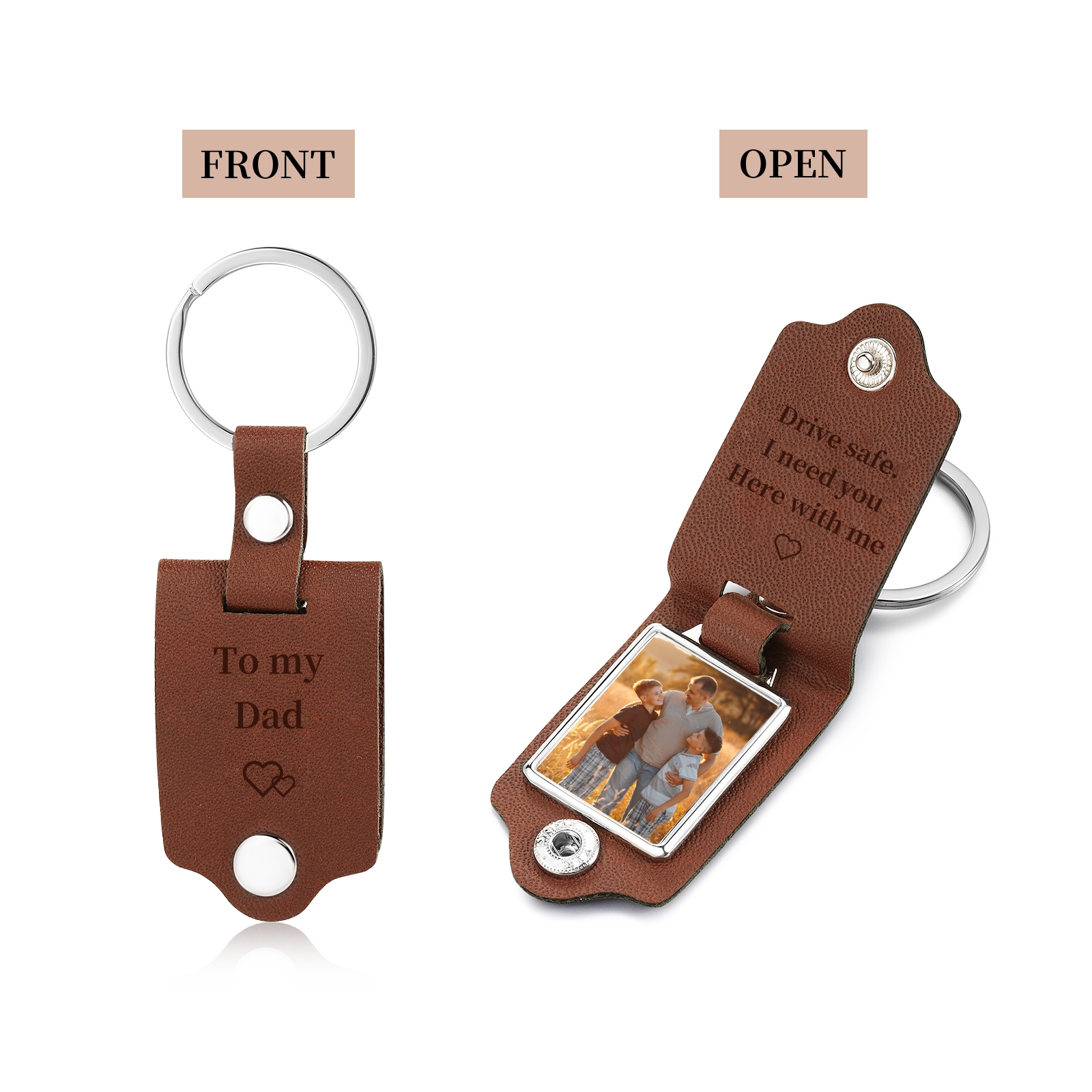 Personalised Text & Photo Men's Leather Keyring - Drive Safely - For Dad