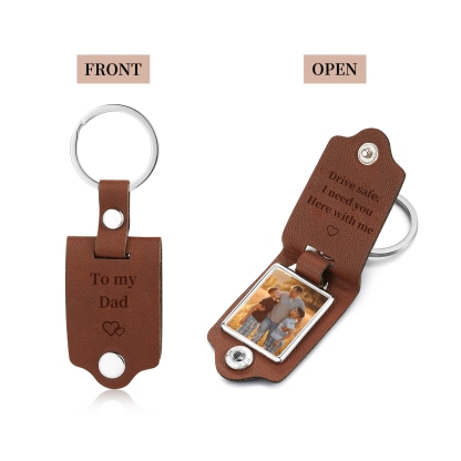 Personalised Text & Photo Men's Leather Keyring - Drive Safely - For Dad