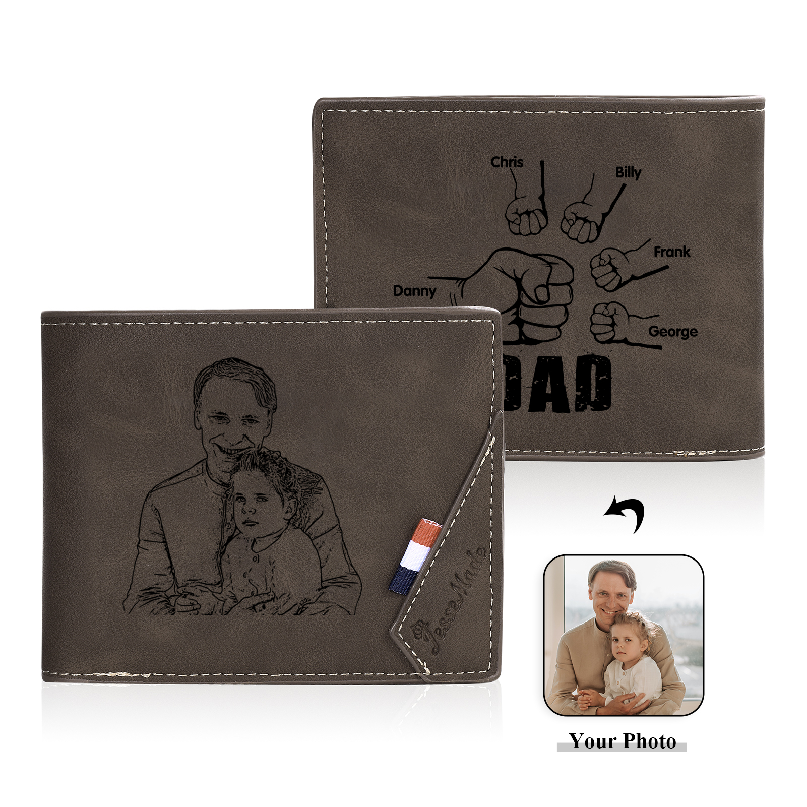 5 Names - Personalised Fist Bump Photo Custom Leather Men's  Wallet as a Father's Day Gift for Dad