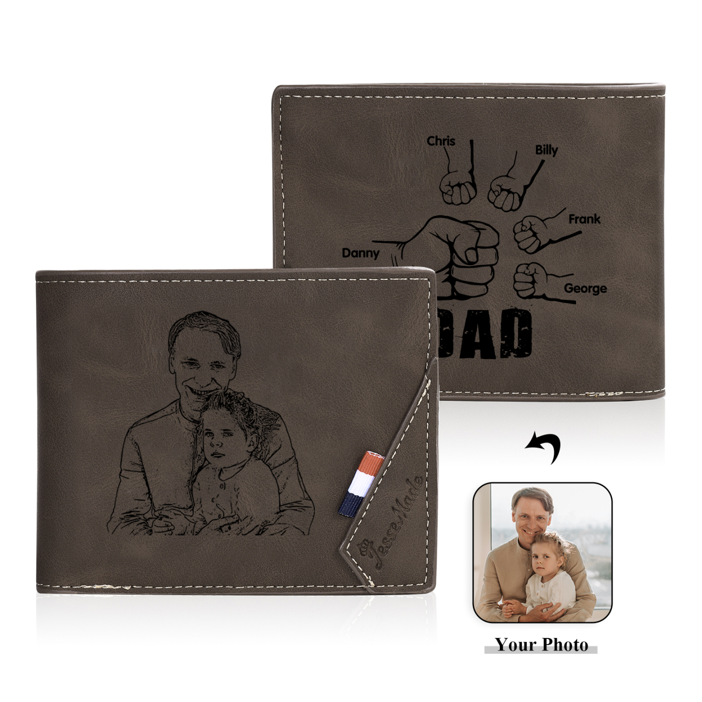 5 Names - Personalised Fist Bump Photo Custom Leather Men's  Wallet as a Father's Day Gift for Dad