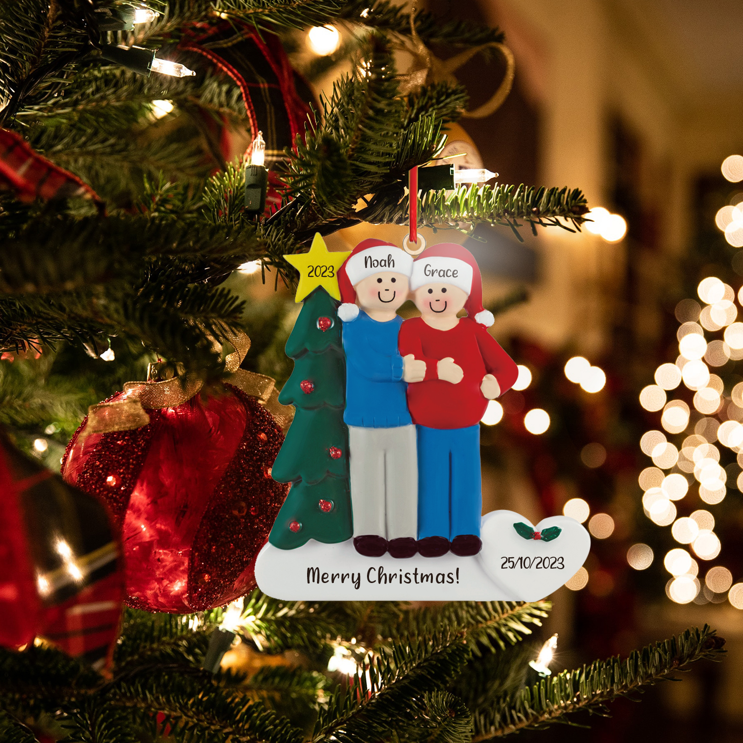 2 Names-Personalised Family Wooden Christmas Xmas Tree Decoration Ornament-Custom 2 Names And Dates Hanging Ornament Gifts For Family