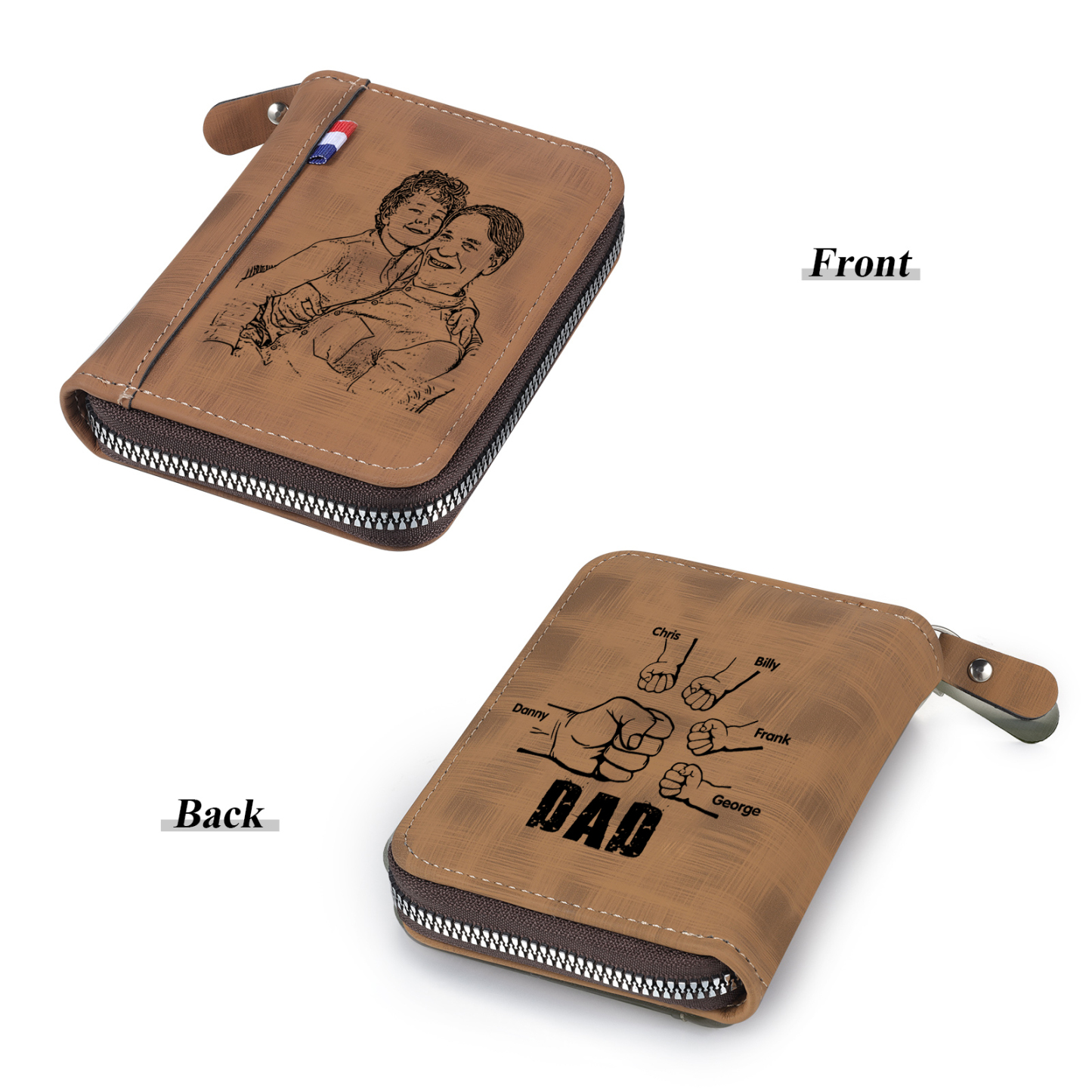 5 Names - Personalised Fist Bump Fist Bump Photo Custom Leather Men's Zipper Wallet as a Father's Day Gift for Dad