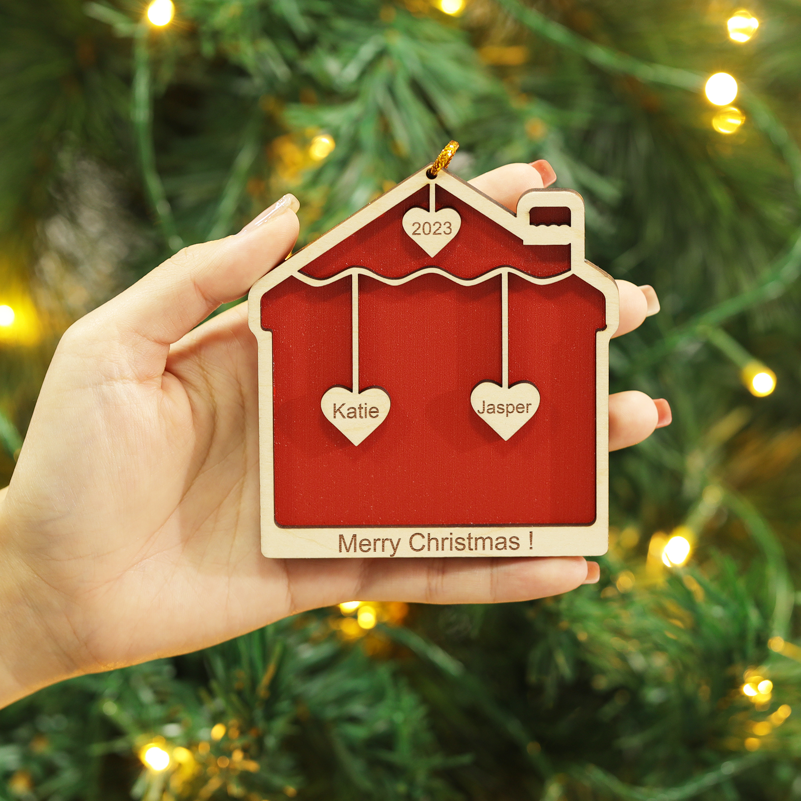 2 Names-Personalised Family Wooden Christmas Xmas Tree Decoration Ornament-Custom 2 Names And Year Hanging Ornament Gifts For Family
