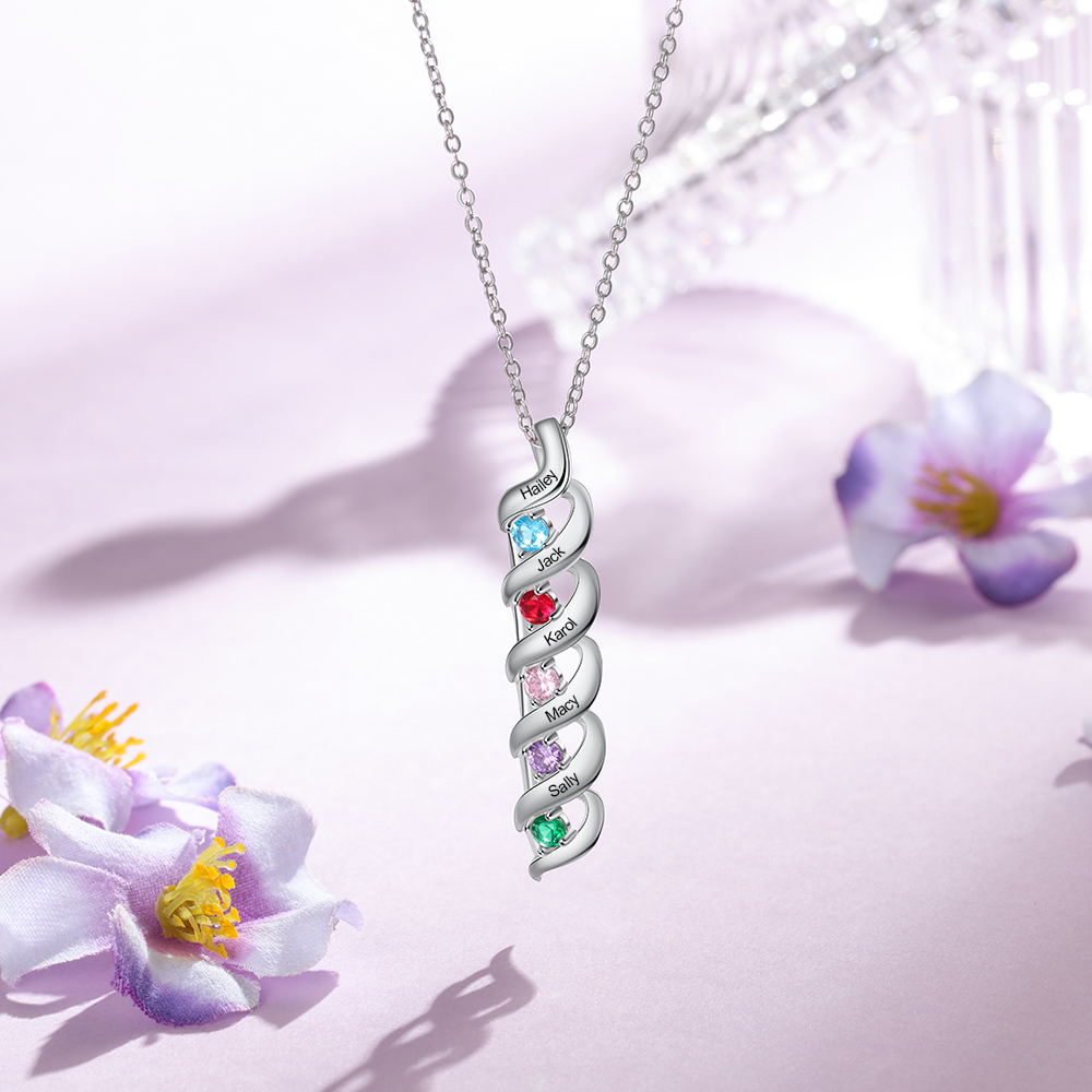 5 Names-Personalised Necklace Cascading Pendant with 5 Birthstones Engraving 5 Names Gifts for Her