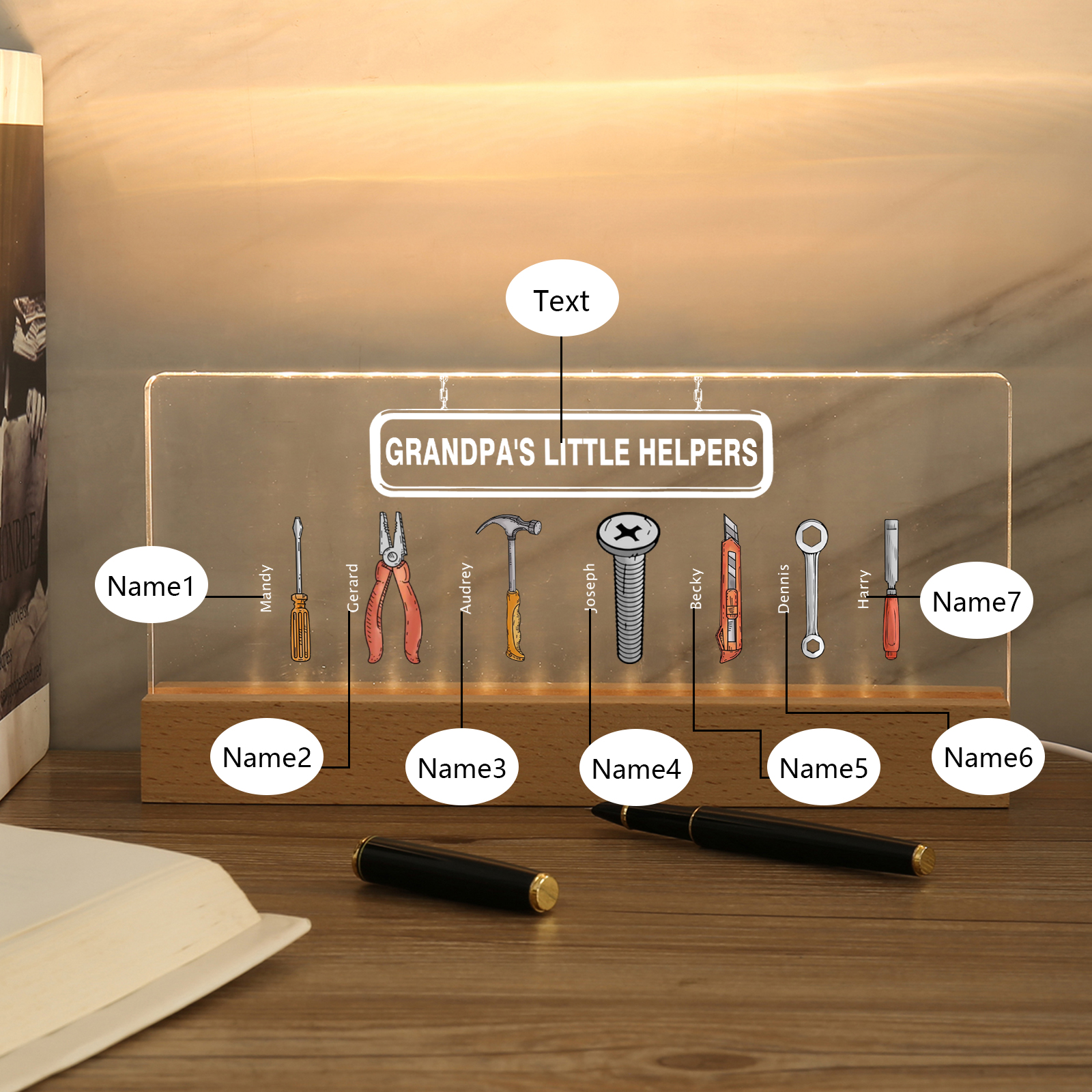 7 Names - Personalised Repair Tool Pattern Table Lamp Customized Text Father's Day Gift for Grandad/Dad