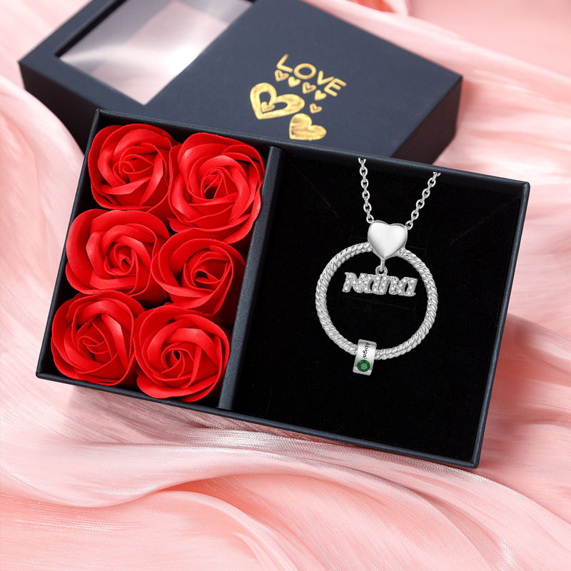 1 Name-Personalised Nana Circle Necklace Set With Rose Flower Gift Box-Custom Women Necklace With 1 Birthstone Pendant Engraved Names Gift For Nana