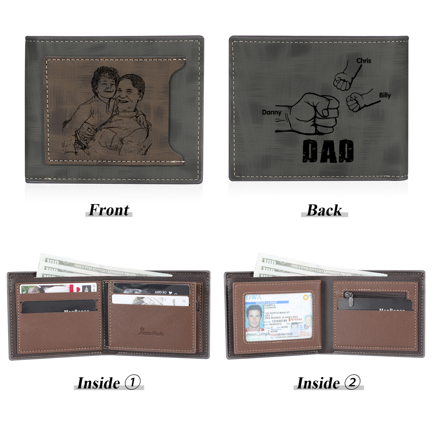 3 Names - Personalised Photo Custom Leather Men's Wallet as a Father's Day Gift for Dad