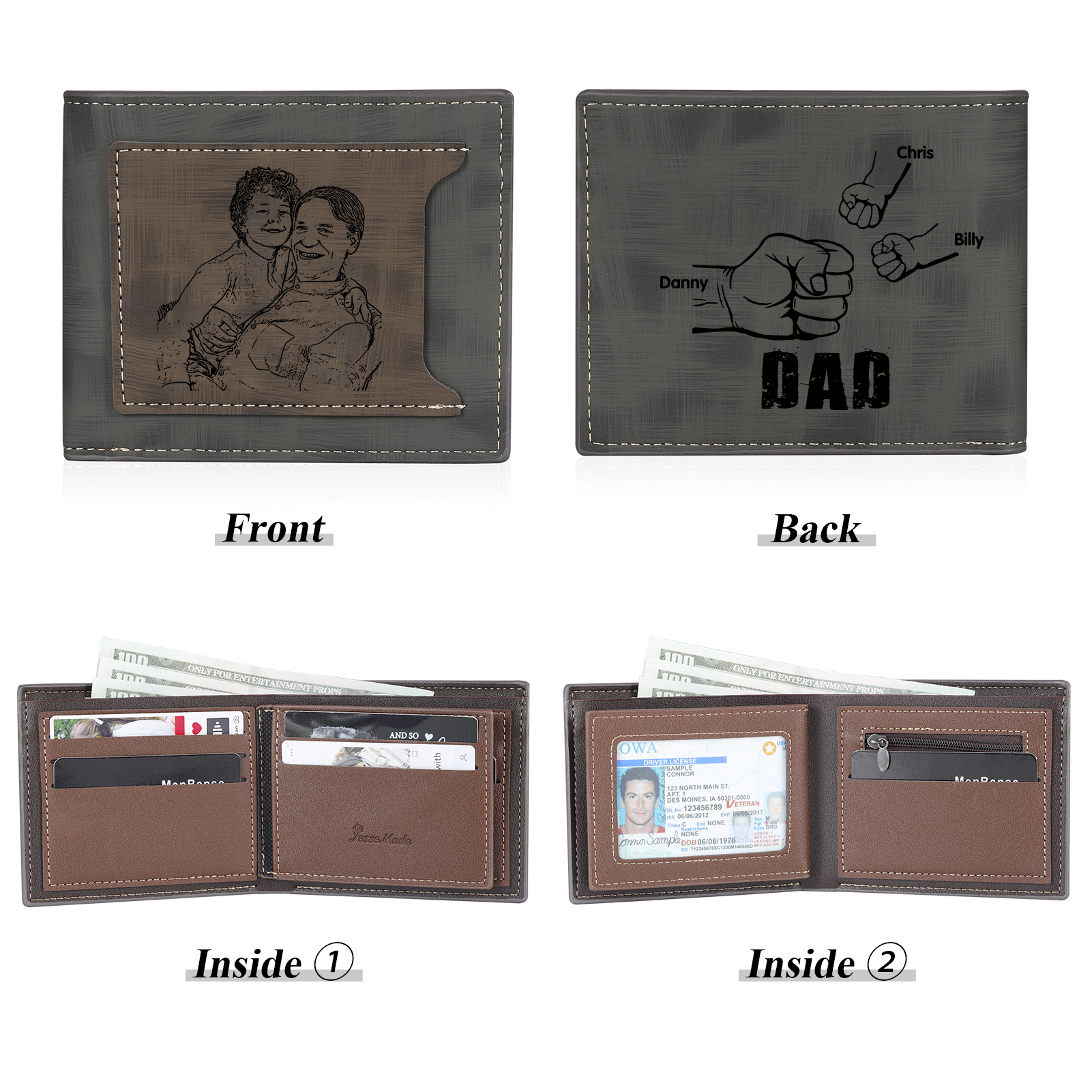 3 Names - Personalised Photo Custom Leather Men's Wallet as a Father's Day Gift for Dad