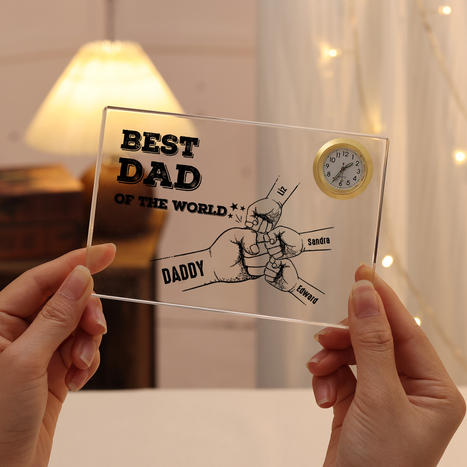 4 Names - Personalised Fist Bump Acrylic Rectangular Clock Ornament Father's Day Gift for Dad