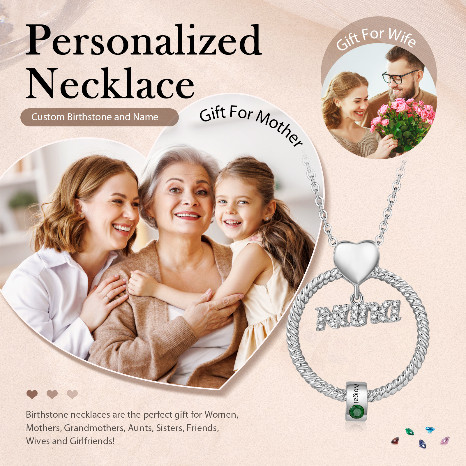 1 Name-Personalised Nana Circle Necklace Set With Rose Flower Gift Box-Custom Women Necklace With 1 Birthstone Pendant Engraved Names Gift For Nana