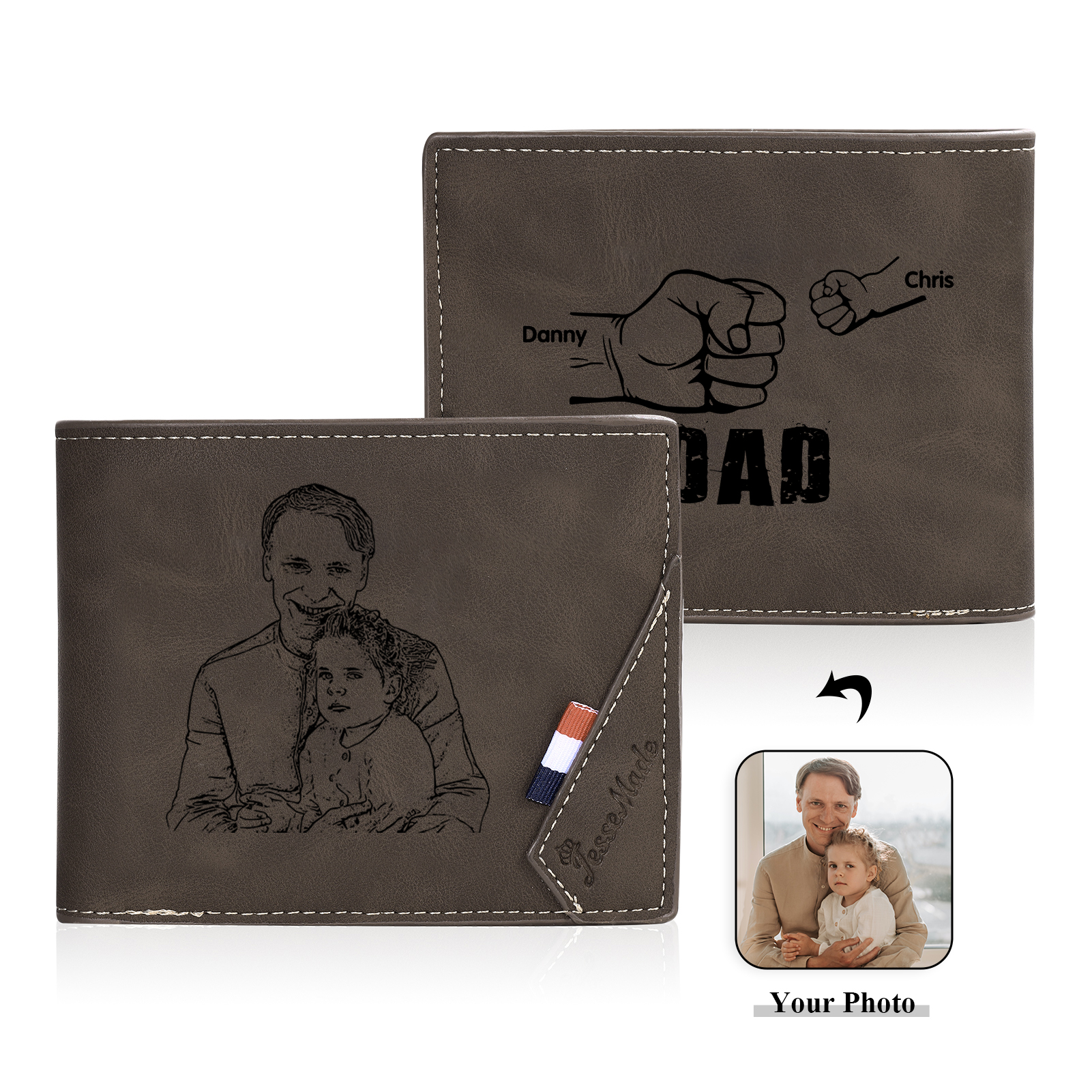 2 Names - Personalised Fist Bump Photo Custom Leather Men's  Wallet as a Father's Day Gift for Dad