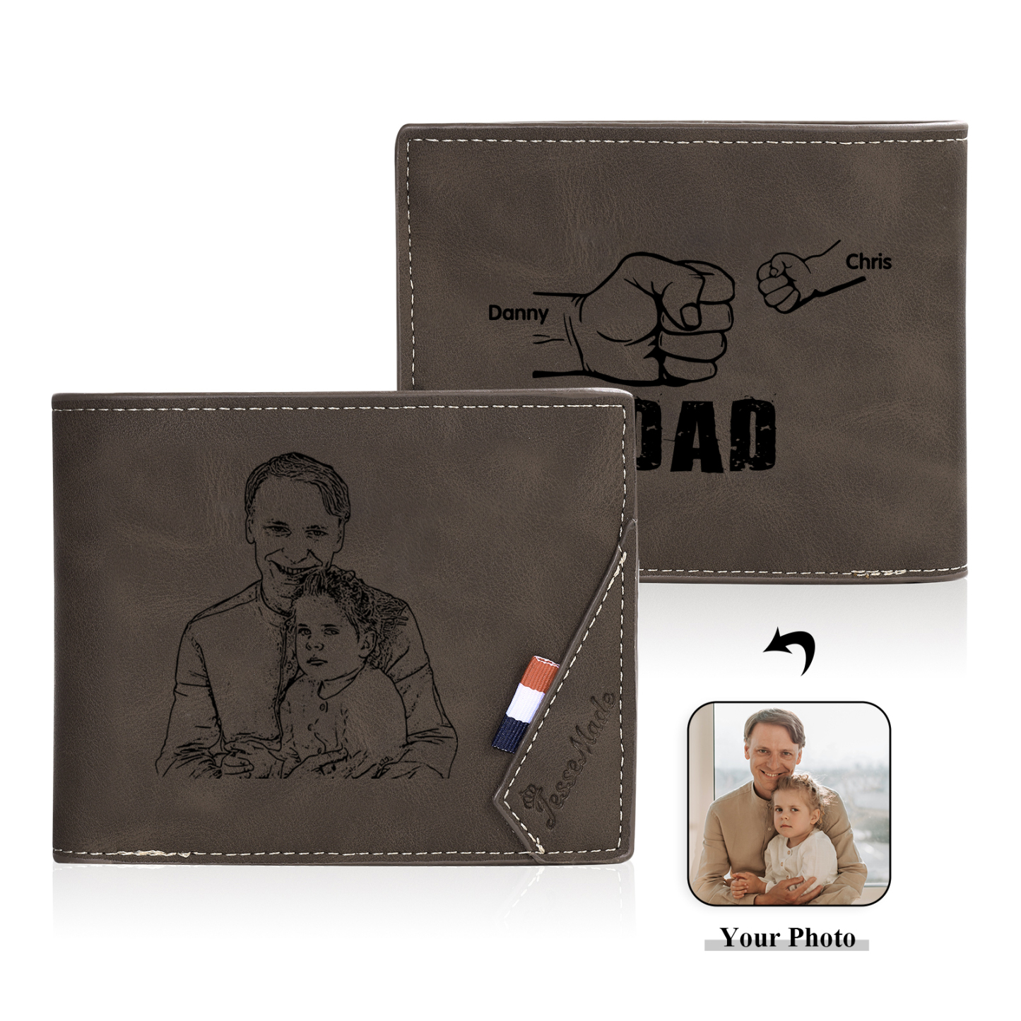 2 Names - Personalised Fist Bump Photo Custom Leather Men's  Wallet as a Father's Day Gift for Dad