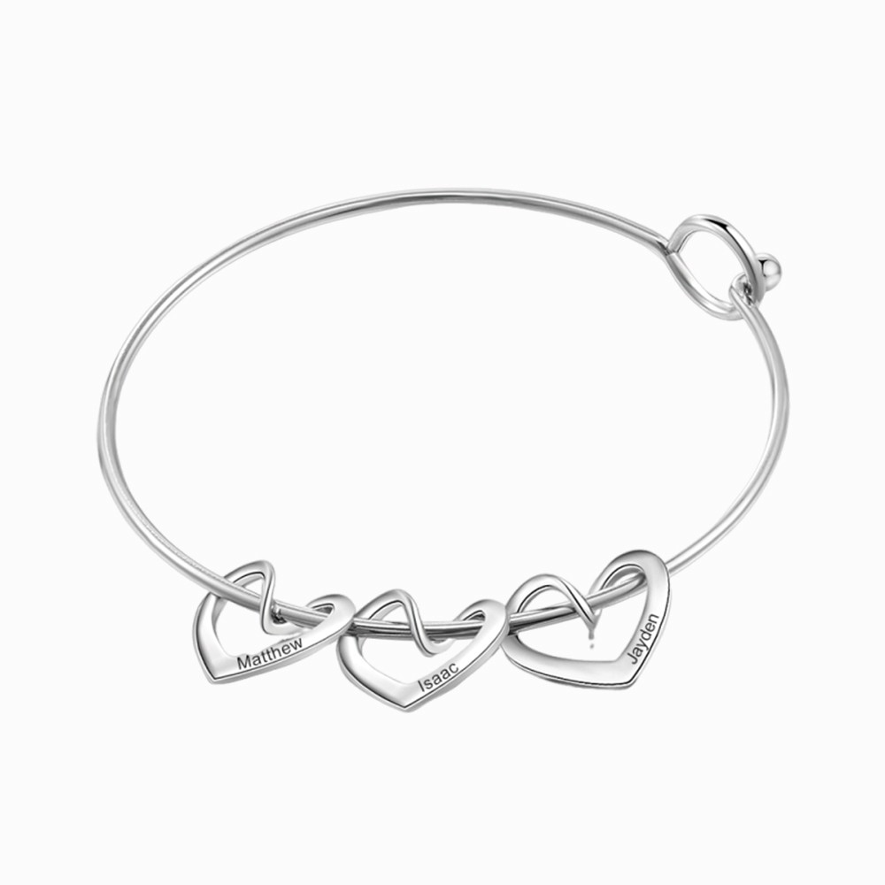 3 Names-Personalised Love Bracelet with 3 Heart Charms Engraved Name Bangle Bracelet
