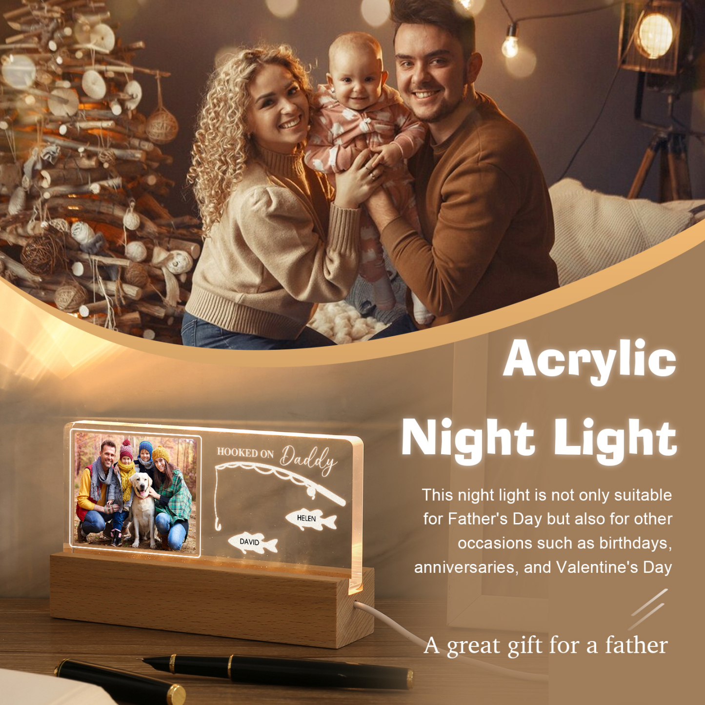 2 Names - Personalised Photo Fishing Pattern Desk Lamp Father's Day Gift For Dad