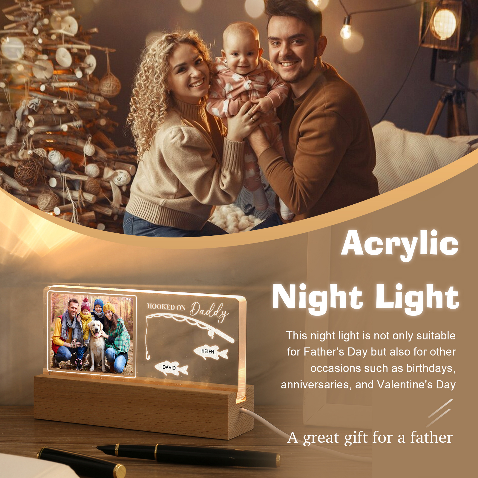 2 Names - Personalised Photo Fishing Pattern Desk Lamp Father's Day Gift For Dad