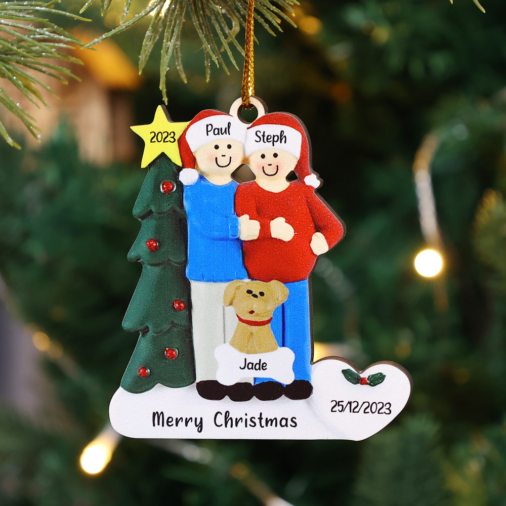 4 Names-Personalised Family Wooden Christmas Xmas Tree Decoration Ornament-Custom 4 Names And Dates Hanging Ornament Gifts For Family