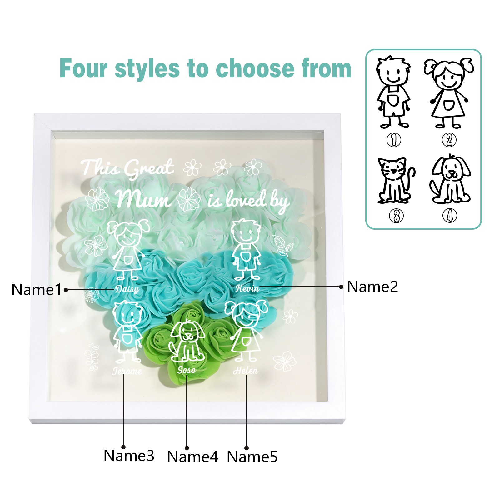 Personalised 3D Floral Shadow Box – Custom 5 Kids&Pets Names –This Great Mum Is Loved By- Gift for Mum, Nan & Loved Ones| Jessemade