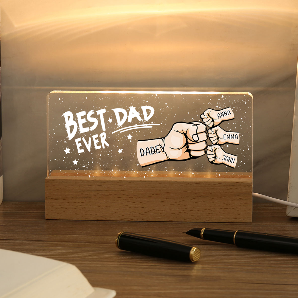 4 Names - Personalised Fist Bump Lamp - Best Dad Ever - Father's Day Gift for Dad