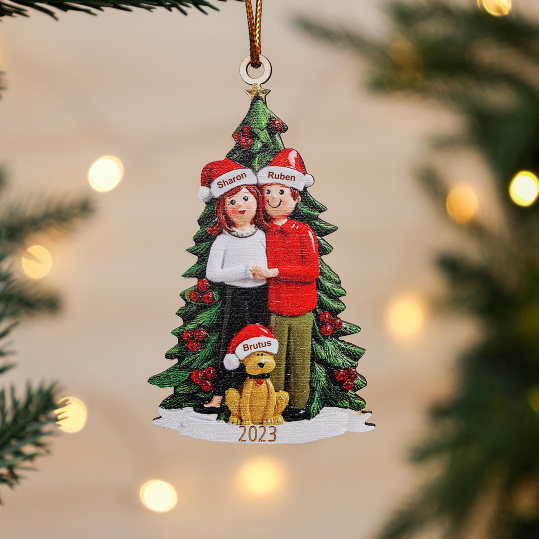 2 Names+Dog Name - Personalised Couples Christmas Tree Ornaments Customized Name & Year Wooden Hanging Ornament Gift for Couples