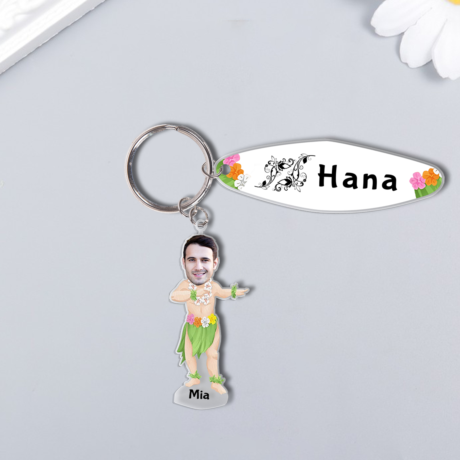 1 Name - Personalised Hawaiian Style Keyring With Photo, Name and Text, Gift For Family