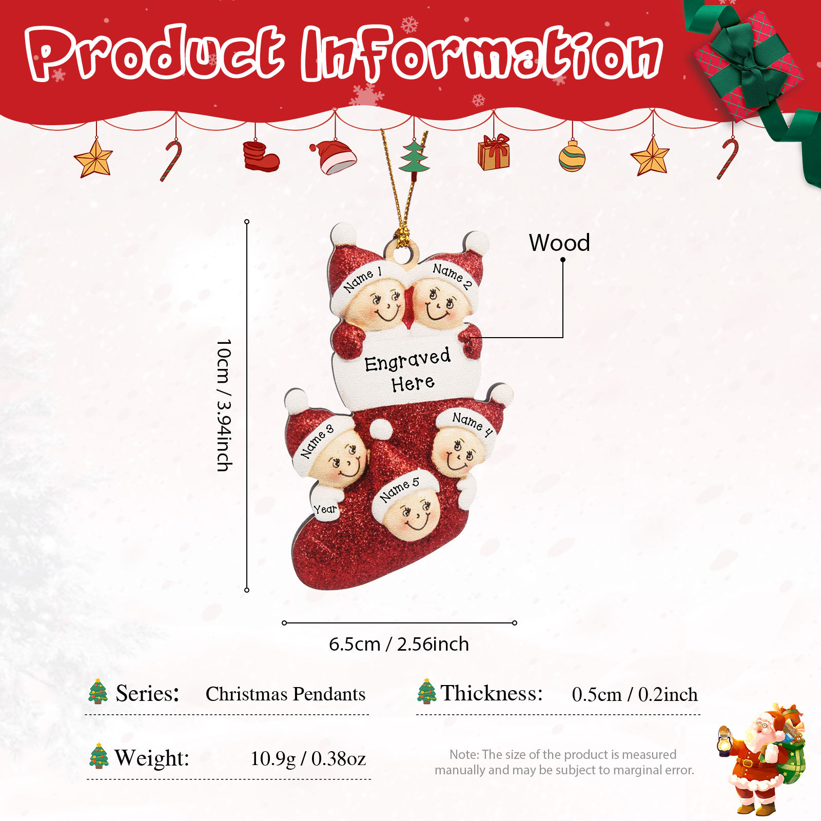 5 Names-Personalised Family Wooden Christmas Xmas Tree Decoration Ornament-Custom 5 Names And Text Hanging Ornament Gifts For Family