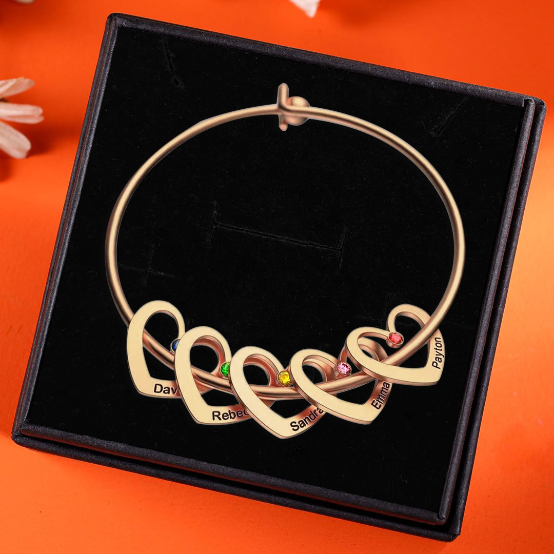 Personalised Heart Bangle With 2 Names and Birthstones Bangle Bracelet Mother's Day Gifts For women
