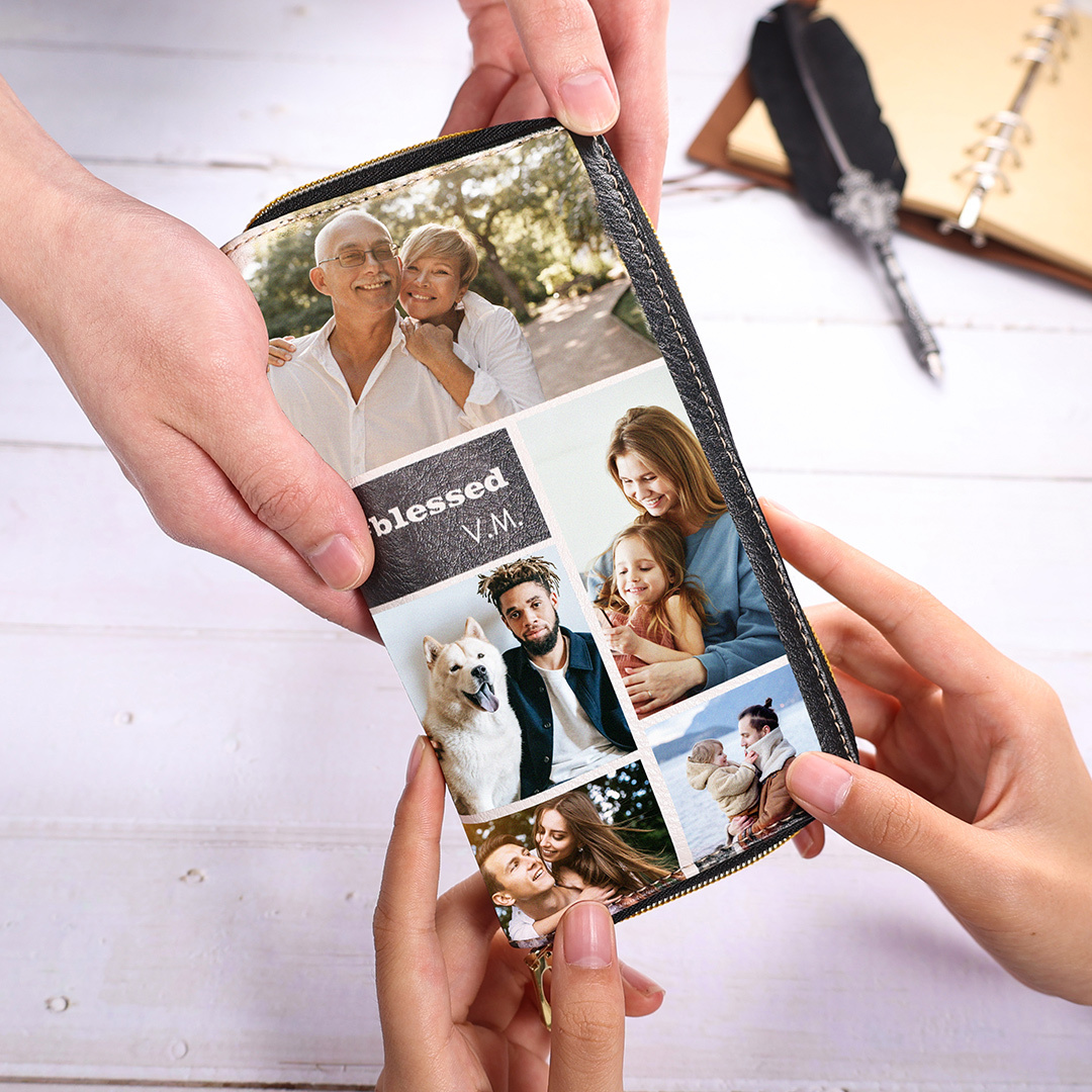 Custom Purse-Long Purse Personalised Leather Wallet Engraved 10 Photos Zip Wallet Gifts For Women Men
