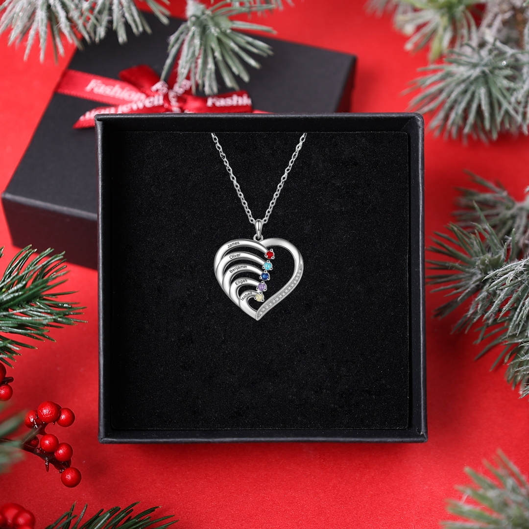 5 Names-Personalised Silver Birthstone Necklace Engraved 5 Names-Custom Birthstone Intertwined Heart Pendant Gifts for Her