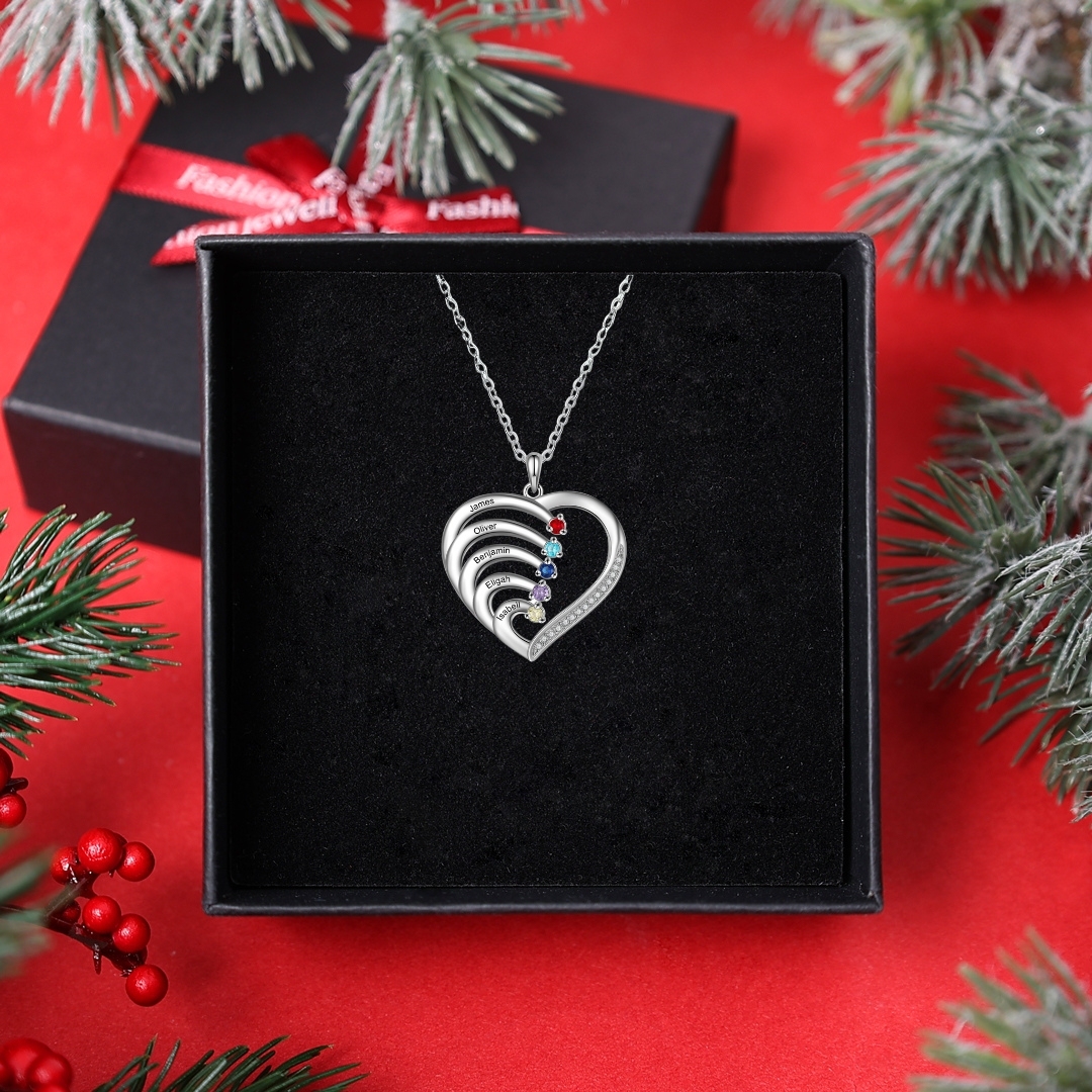 5 Names-Personalised S925 Silver Birthstone Necklace Engraved 5 Names-Custom Birthstone Intertwined Heart Pendant Gifts for Her