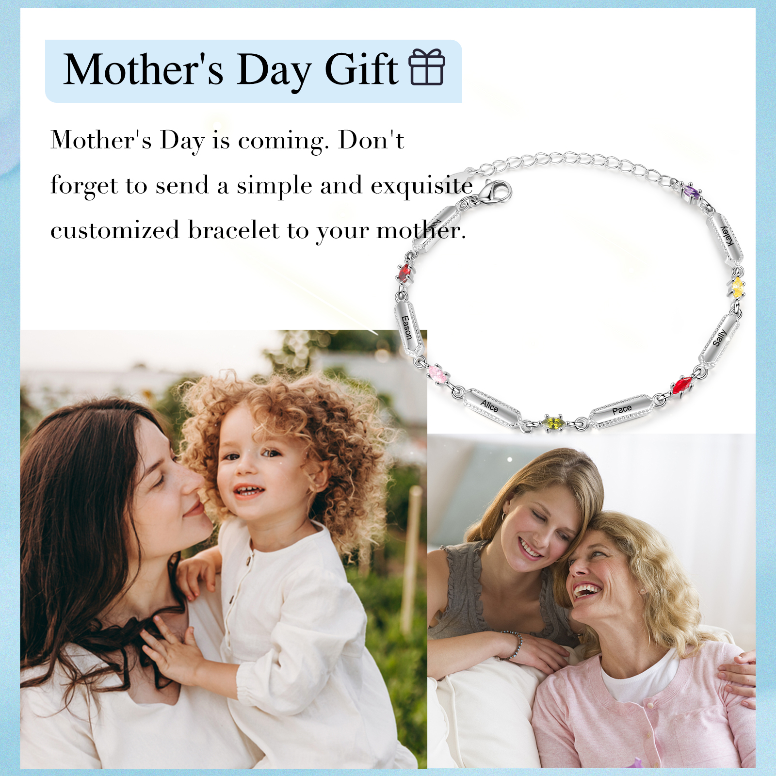 6 Names-Personalised Woman Bracelet With Birthstone Custom Names Bracelet Gift For Women