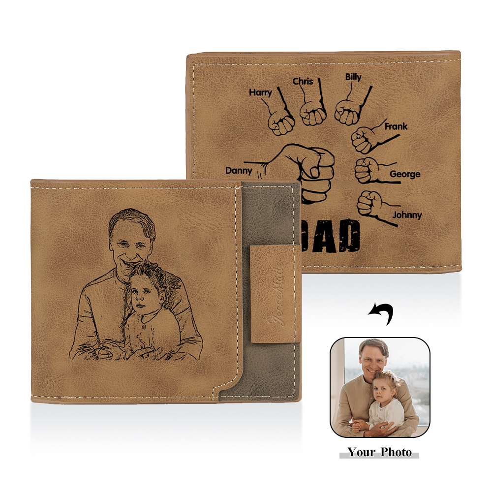 7 Names - Personalised Fist Bump Photo Custom Leather Men's Wallet as a Father's Day Gift for Dad