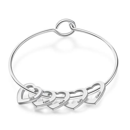 Personalised 5 Names Kids Bracelet Custom Engraved Heart Shaped Charm Bracelet - Christmas Gift for Mum/nan