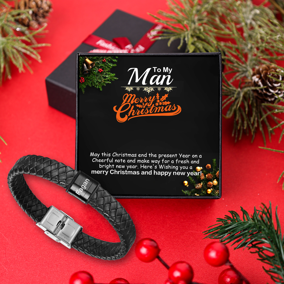 1 Names-Personalised Braided Leather Bracelet Set With Gift Box-Custom Men's Bracelet Engraved 1 Names Gift for Him