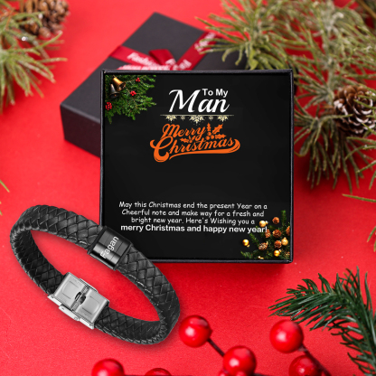 1 Names-Personalised Braided Leather Bracelet Set With Gift Box-Custom Men's Bracelet Engraved 1 Names Gift for Him