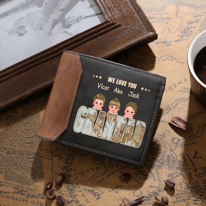 Personalised Leather Wallet Custom 1-5 Names and Cartoon Characters for Granddad | Jessmade