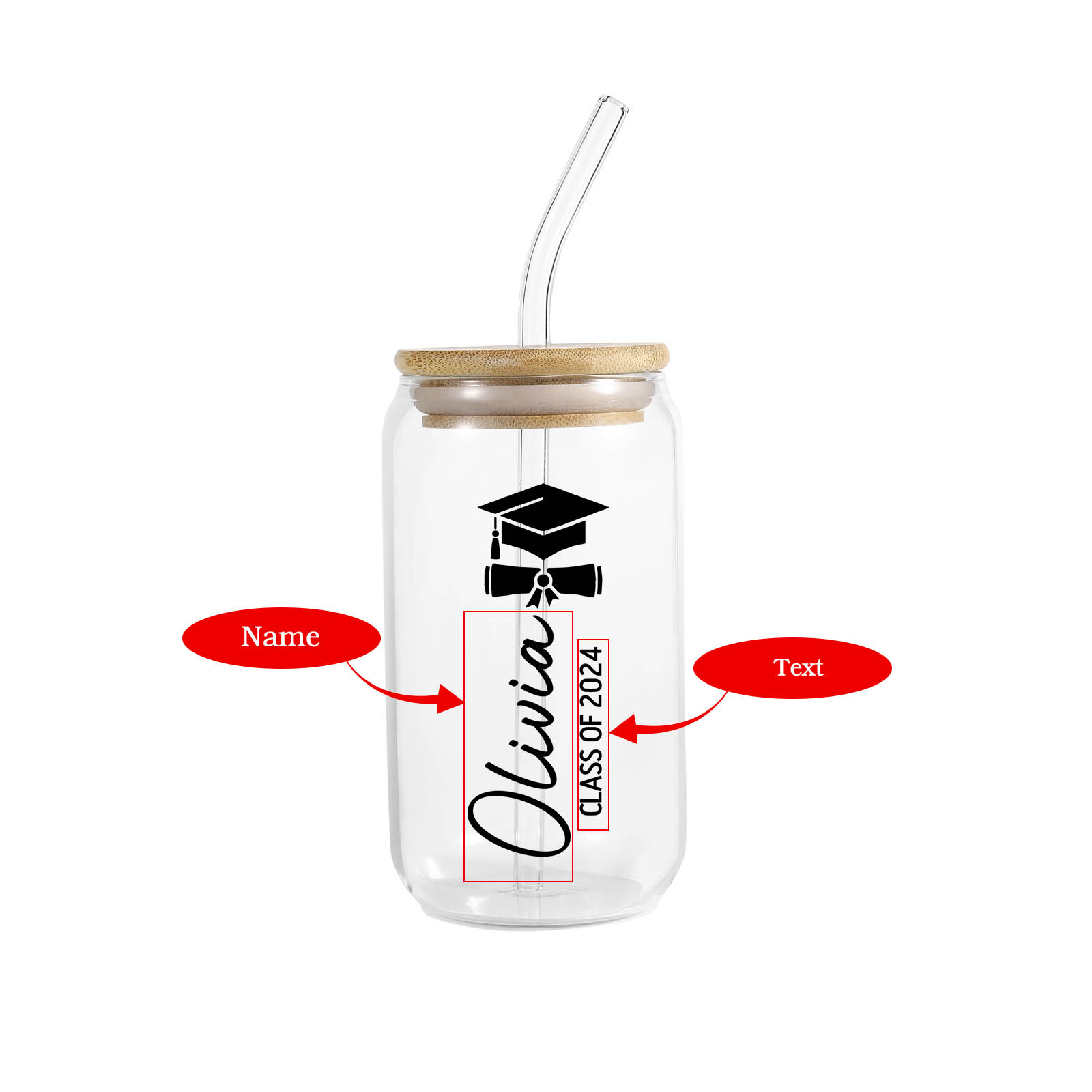 2024 Graduation Gift - Personalised Custom Text and Name Glass with Glass Straw