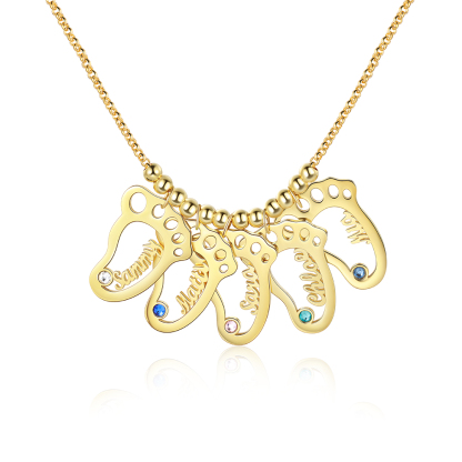 Personalised Baby Foot Necklace With 5 Birthstones Engraved Names Gift For Mother