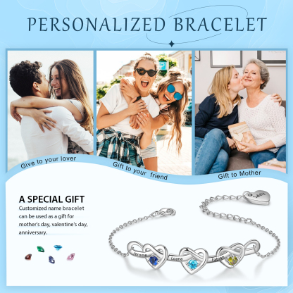 3 Names-Personalised Linked Heart Bracelet With 3 Birthstones Engraved Names And Text Bangle - Christmas Gift For Her